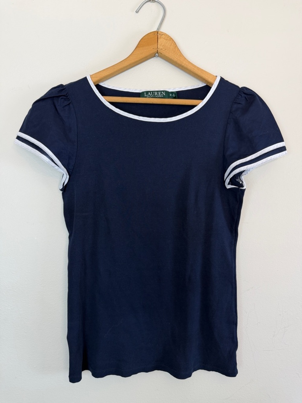 Lauren Ralph Lauren Medium
M Ribbed Top Flutter Sleeve Navy Blue Baby Tee Shirt - Picture 2 of 6